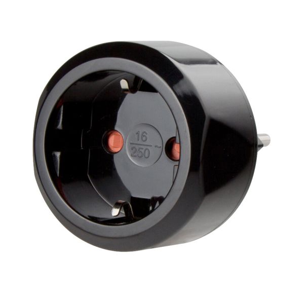 Reisestecker CH Adapter Schwarz mit Kinderschutz – Der Campingprofi