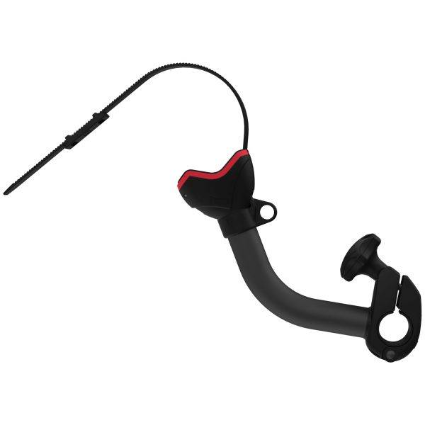 Fiamma Bike Block Pro S Deep Black in gebogener Ausführung mit rotem Klemmkopf für Fahrradträger, passend für 25–100 mm Rohrdurchmesser.