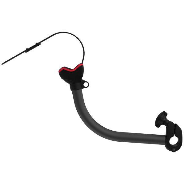 Fiamma Bike Block Pro S Deep Black in gebogener Ausführung mit rotem Halteclip, passend für runde und ovale Fahrradstangen von 25–100 mm.