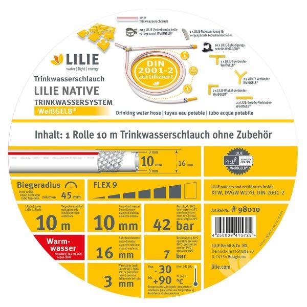 Lilie Drinking Water Hose, white/yellow, warm, 10 x 16 mm, 10 m