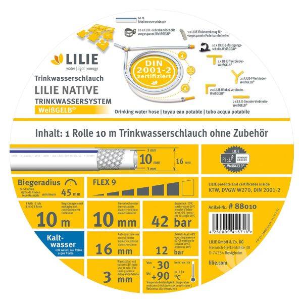 Lilie Drinking Water Hose, white/yellow, cold, 10 x 16 mm, 10 m