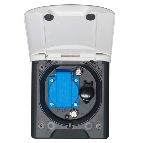 Universelle Vorzeltsteckdose FAWO mit Magnetverschluss 12/230V Weiß, ABL - Der Campingprofi